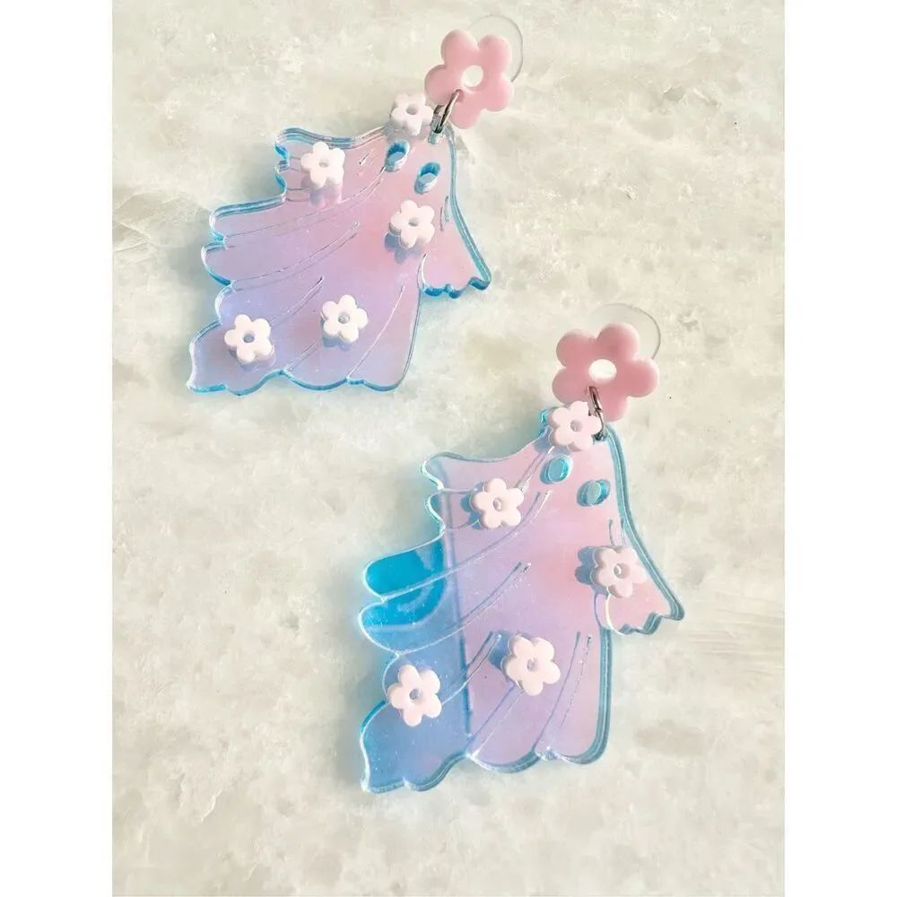 Light blue and light pink Halloween ghost holographic dangle earrings with cherr